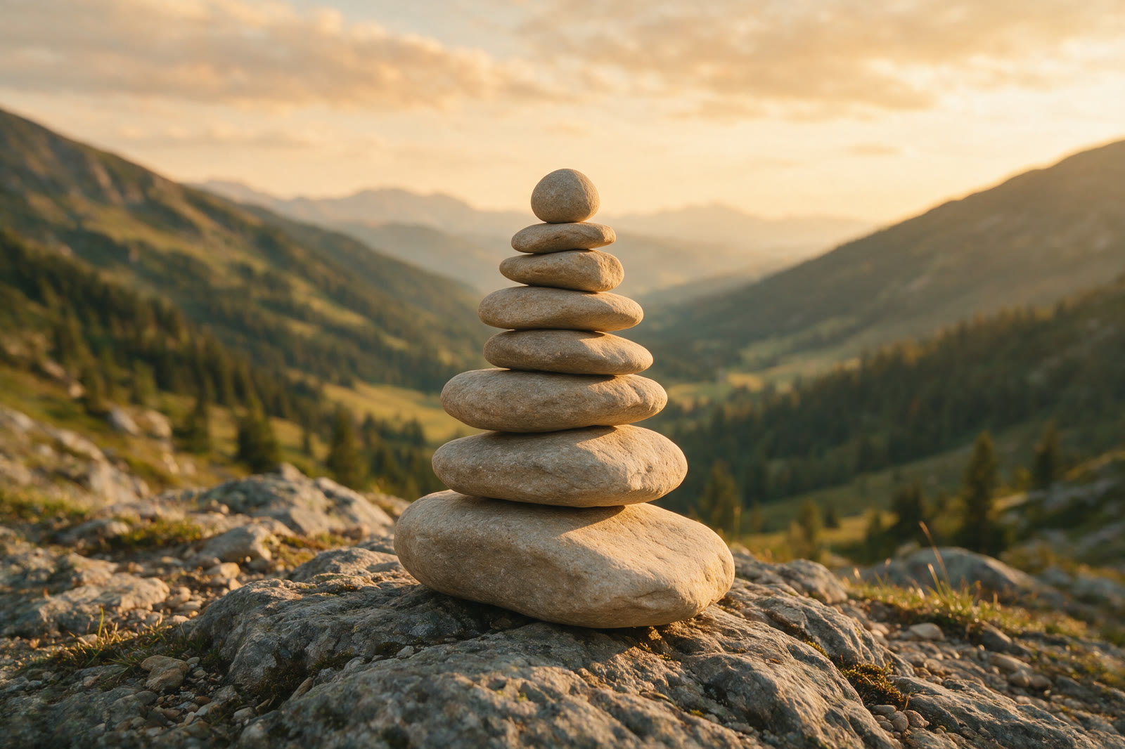 A cairn — a balanced stack of stones — marking a mountain trail at golden hour