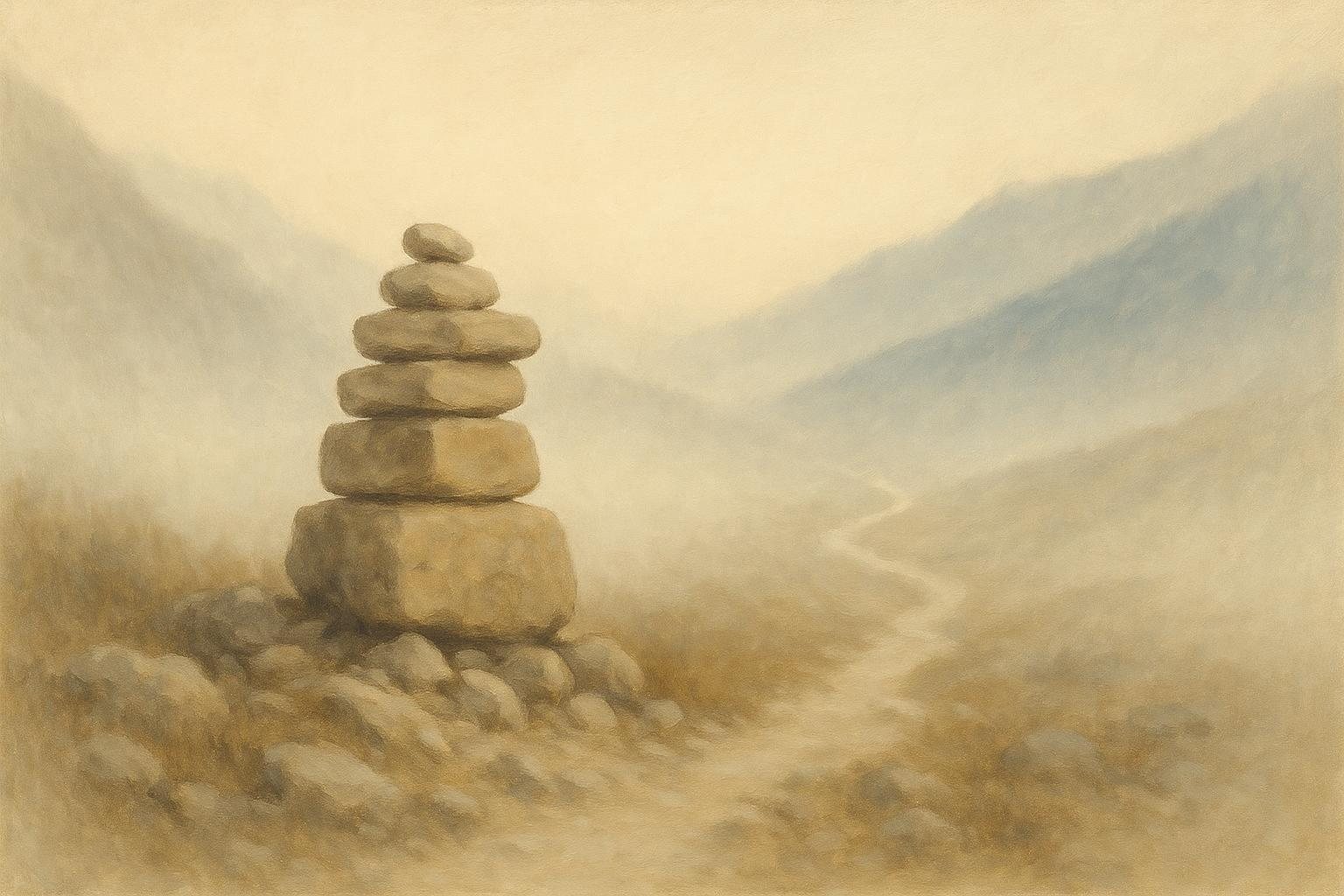 A stone cairn marking a misty mountain trail that winds upward toward a distant pass — the way shown, not walked for you.